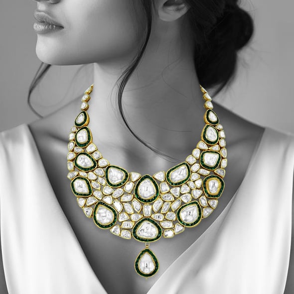 Polki Necklace with Green Chuddi Work and Teardrop Pendant